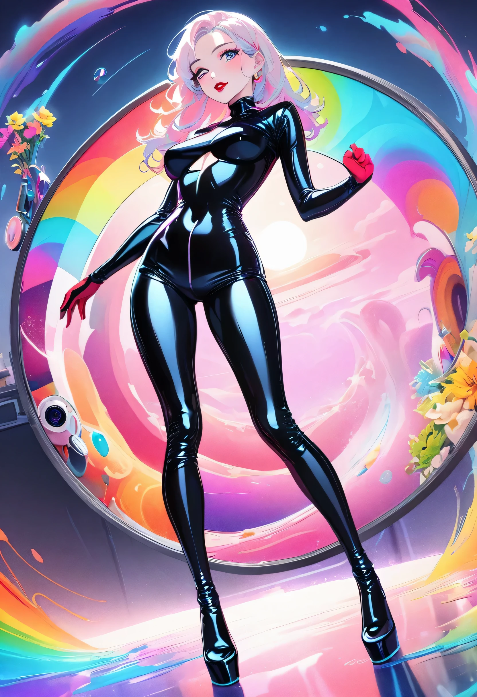 The image is of a woman with red lips，The style is a colorful sky、Neon color palette、beauty of simplicity、Glow shadows、sun-kissed palettes、smooth lines、Olympus，Latex and black leather，Snapshot style aesthetic、Mirror、webcam、whole body、clean