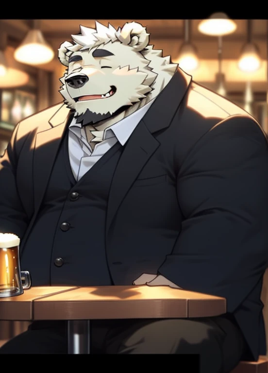 Muscular elderly man(furry) enjoying a drink at a lively bar.