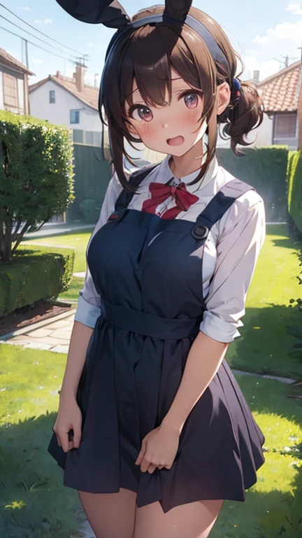 mastute piece,Best Quality,insanely detailed,8k cg,nsfw,
shoot upper body,(body in front:1.1),1girl,standing,looking at viewer,(light blue pinafore dress,rabbit ear head band,rabbit tail),BREAK,blush,shy,ecstasy face,gasping,(trembling:1.2),light brown hair,break,open mouth,large breast,(in garden),