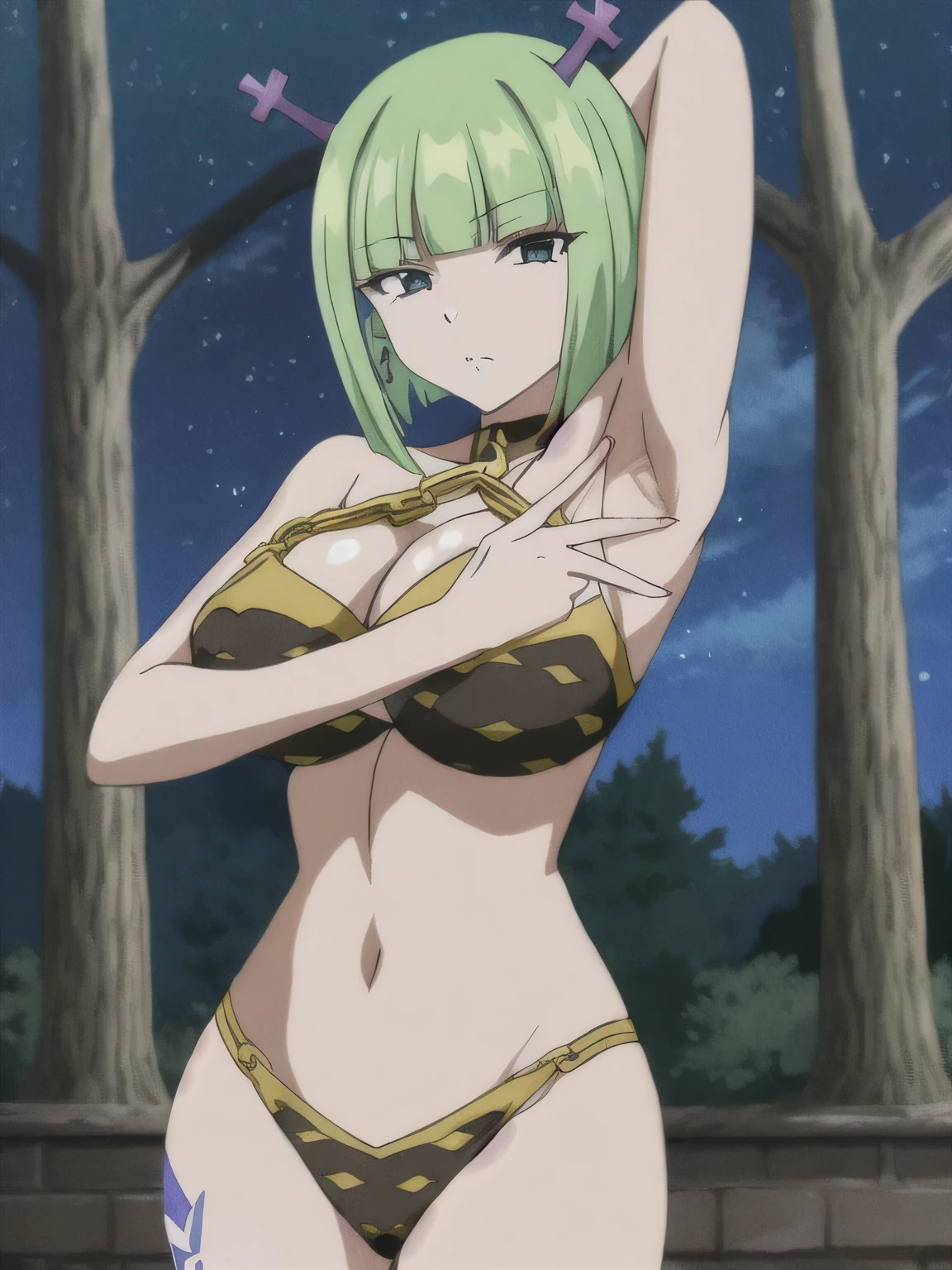 brandish, 1girl, solo, looking at viewer, cleavage, collar, chain, anime coloring, solo, upper body, night sky, forest, arms behind head, contrapposto, spread armpits, closed mouth, thighs, best quality, expressionless,