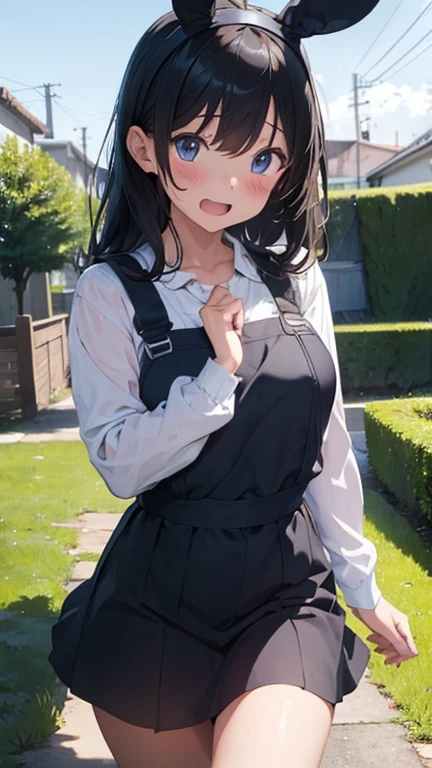 mastute piece,Best Quality,insanely detailed,8k cg,nsfw,
shoot upper body,(body in front:1.1),1girl,standing,looking at viewer,(light blue pinafore dress,rabbit ear head band,rabbit tail),BREAK,blush,shy,ecstasy face,gasping,(trembling:1.2),black hair,break,open mouth,large breast,(in garden),