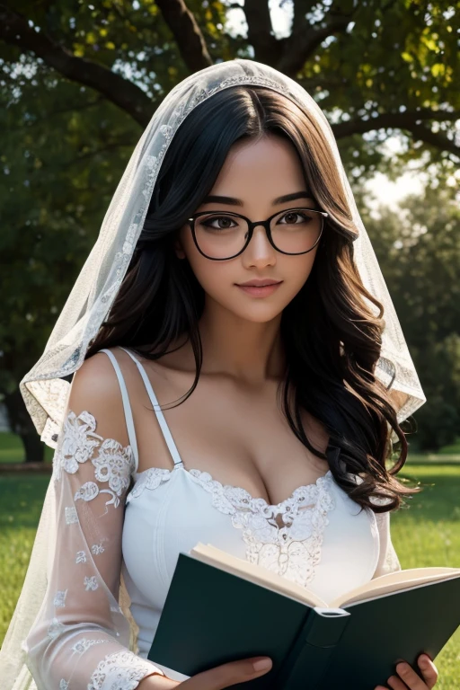 Young sits on the grass reading a book, long black curly hair, wearing glasses, delicate smile, looking up at the sky, lamp light, whole body, under a huge tree, farther view, a tent in the background, starry sky, illuminated night, photographic effect, 8k, super detailed, hyper realistic, naked, Best quality, masterpiece, big , (large breasts), detailed skin texture, detailed cloth texture, detailed face, super detail, 8k, intricate detail, 1girl, 30 years old, high contrast, high resolution eyes