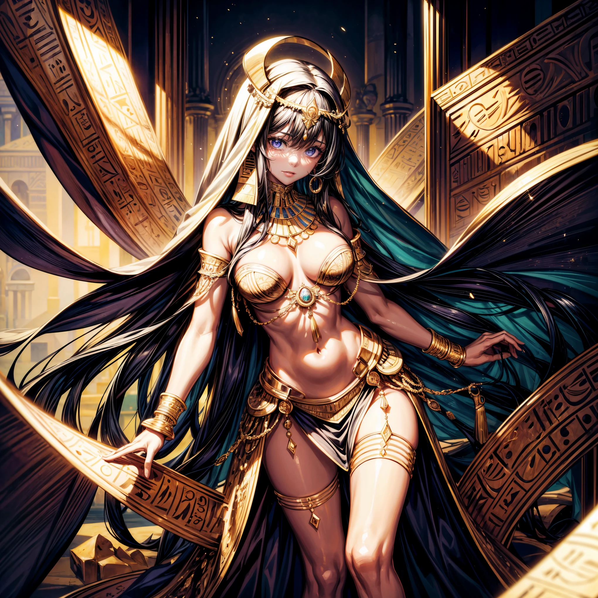 masterpiece,highest quality,Ultra high definition, one women,Cleopatra, Egypt, queen, Ptolemaic, ancient, beauty, luxury, crown, necklace, gold, jewelry, Nile River, pyramid, desert, myth, gods, hieroglyphics, black skin,black skin,dark skin,Purple eyes, elegantly dressed woman