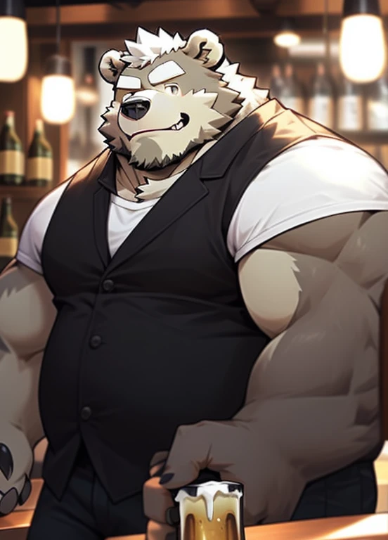 (masterpiece),Very detailed,(best quality),hairy,Bear,white hair,(Brown pupil 1.1),chubby,(chubby),(huge size),charming,((A hand holding a beer mug 1.2)), (in the bar),(Sitting in the bar 1.0),(Smile),(Face a little red))),cool pose,bar background,16K,(high quality),High clarity of the face,full-body shot