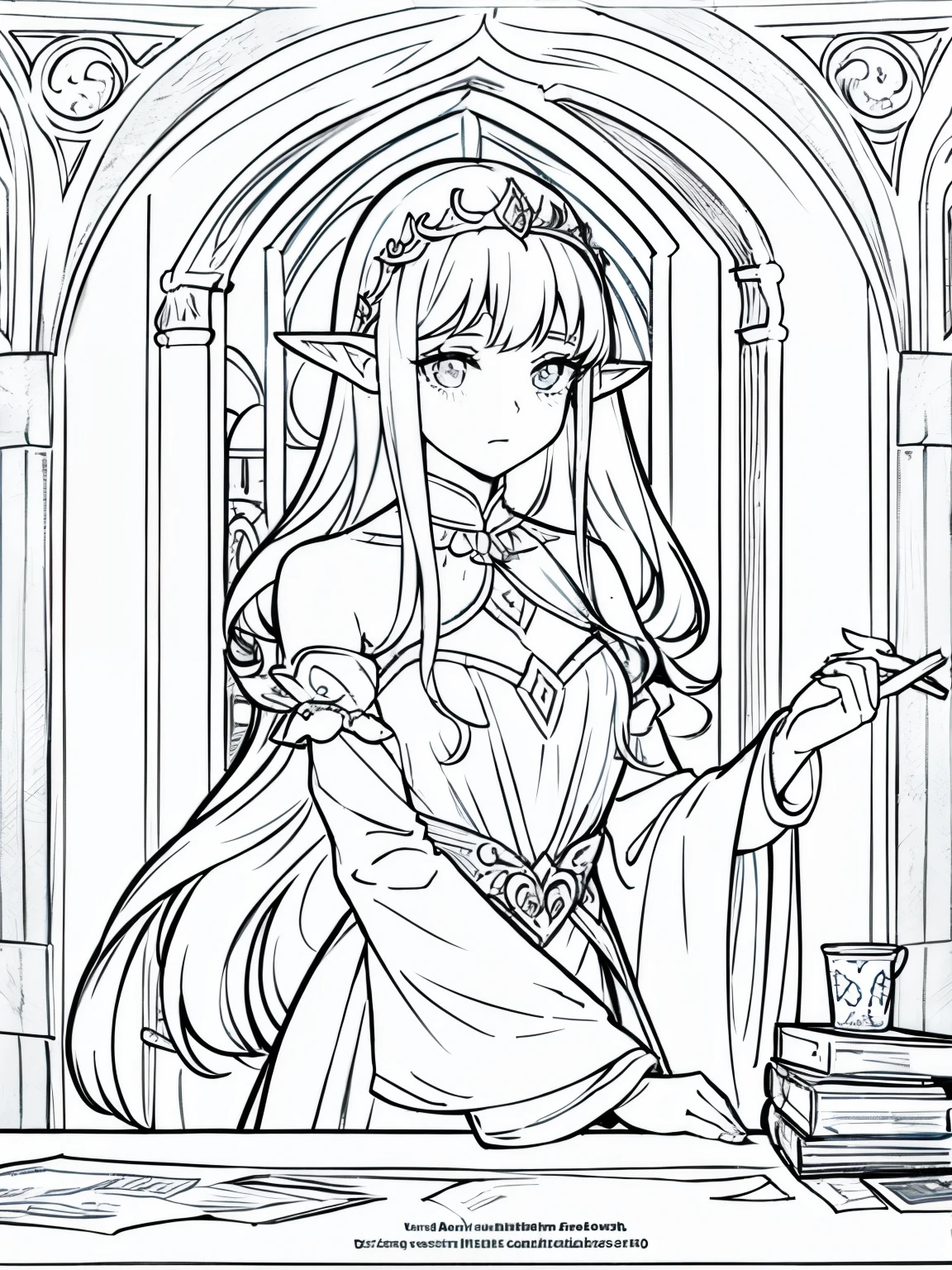 Please generate only the outline or stroke of this drawing so that I can use it in a coloring book: A beautiful elf princess in her castle