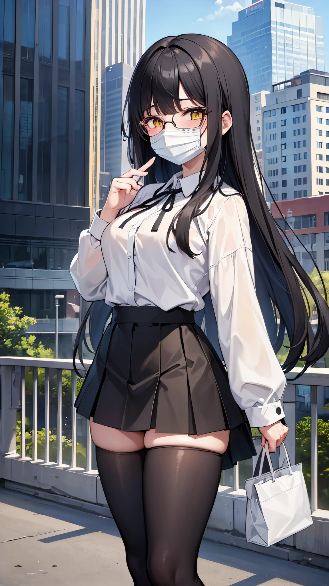 (masterpiece:1.5), (highest quality), very detailed, Super detailed, 1 boy, 1 girl, (glasses),(black hair:black hair:horizontal hair), (long straight hair:blonde hair:0.8), (yellow eyes), (sensual), (Plump:0.7), (thick legs), (black pants:pants), (black skirt:skirt), (chest), (building:Skyscraper), (city), (outdoor), (mask:mouth mask:surgical mask), (long hair), (white legwear:Thighhighs), (white shirt)
