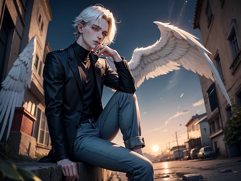 male fallen angel, pale skin, pingente de ampulheta, olhos azuis reluzentes, pants and jacket, luz pairando ao seu redor, de frente a janela, noite