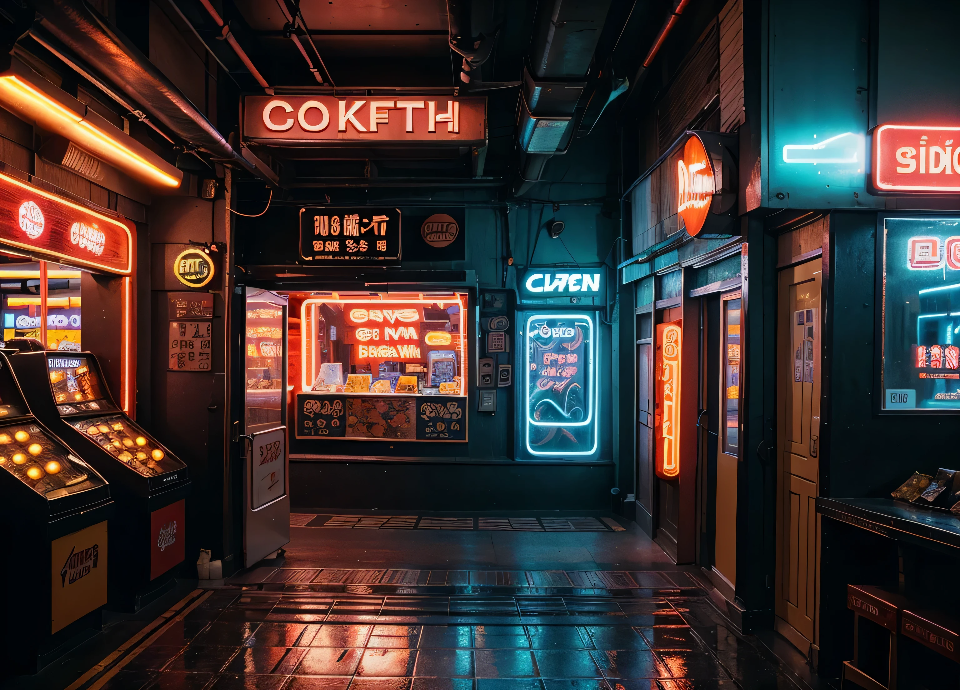 Streets with bright neon lights, Vietnamese shops with colorful neon signs, shimmering lights, billiard shops, internet shops, street-style basketball courts, collectible games, karaoke room, no one appeared, Surrealism, Color Field painting, high detail, interior architecture, cinematic lighting, jpeg artifacts, multiple monochrome, 4K, best quality, highres, high details, super detail, masterpiece, ccurate