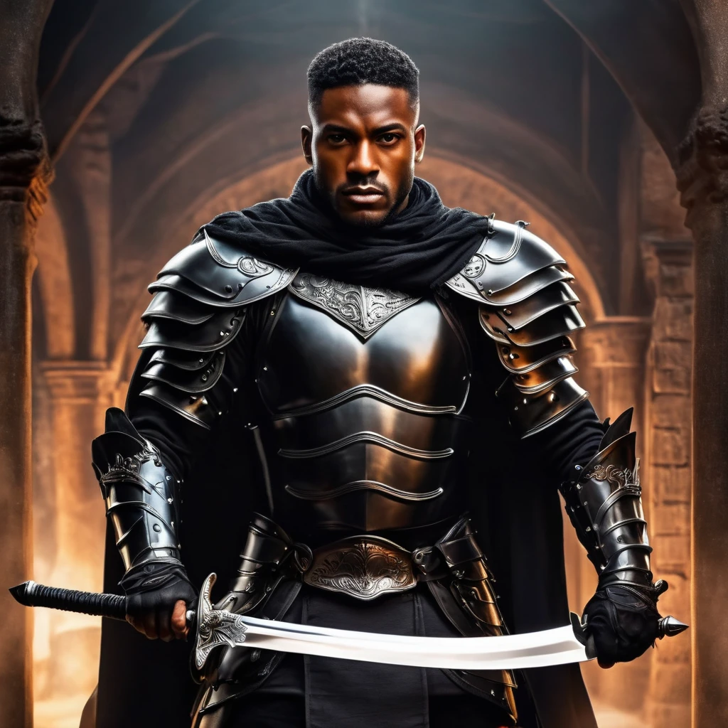 Realista. Homem negro bonito foto de frente. Armadura, segurando espada. fantasy scenario, fiction