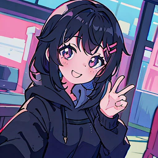 selfie, smile,Black hoodie - hood - not covered,modern japanese women,Hair - Long, Background - Home room,Ulzzang, cute natural anime face, Chiho, Clean and cute face, Kanriu 666,