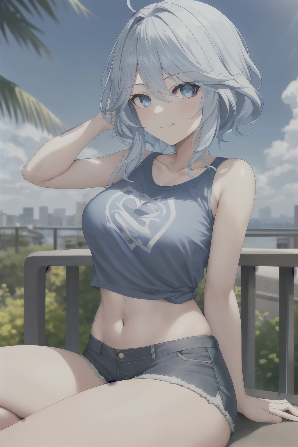 masterpiece, best quality, ultra-detailed), focalors \(genshin impact\), (blue sea hair), swept bangs, braid, braided bangs, blue eyes, blue eyes,
(wearing a t-shirt:1.2), sitting on a chair outside of caf, embracing the natural beauty, sunlight, beautiful cloudy sky, city, street, denim shorts, black stocking,
medium breasts, thick thighs, critical angle, cowboy shot, arm behind head, arm behind back, armpits, light smile, crop top, strong and seductive expressions