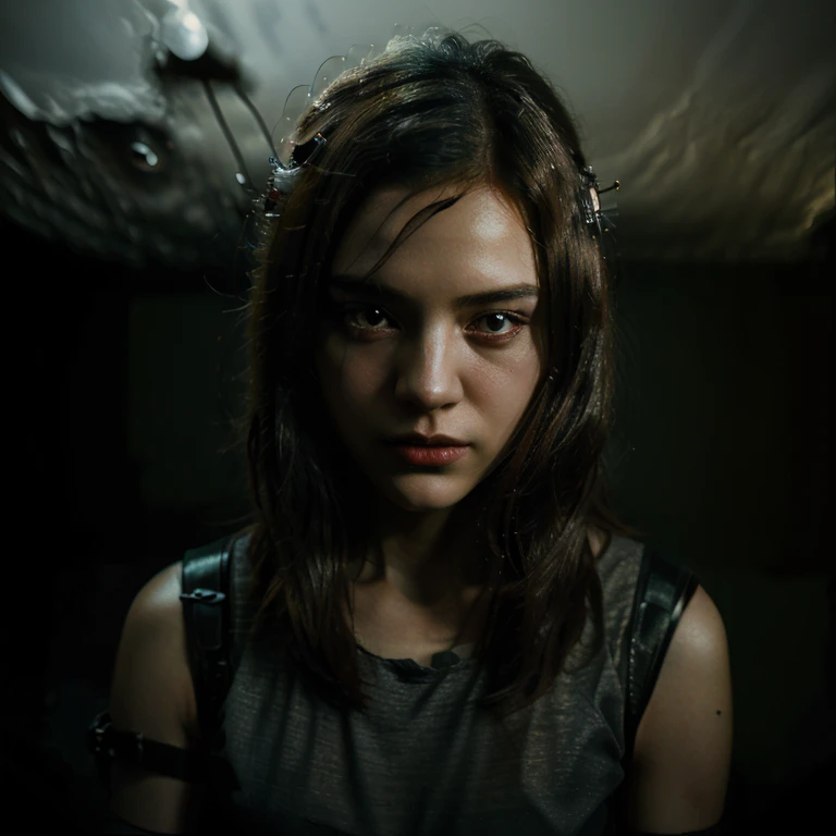 1 girl portrait ,science fiction, complex background punk, Crazy Max , of the future, Post apocalyptic, dark, The light is dim., ((Masterpiece, best quality, )),