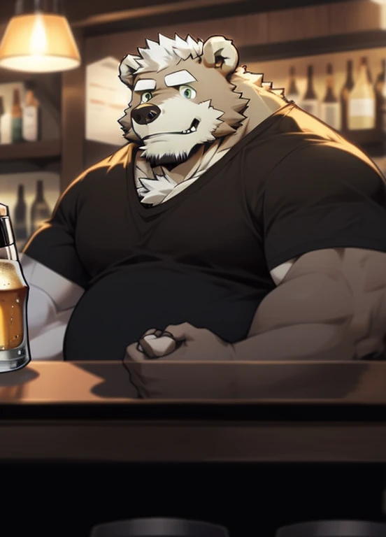 (masterpiece)，Very detailed，(best quality)，hairy，Bear，white hair，(Brown pupil 1.1)，chubby，(chubby)，(huge size)，charming，((A hand holding a beer mug 1.2))， (in the bar)，(Sitting in the bar 1.0)，(Smile)，(Face a little red))),cool pose，bar background，16K，(high quality)，High clarity of the face