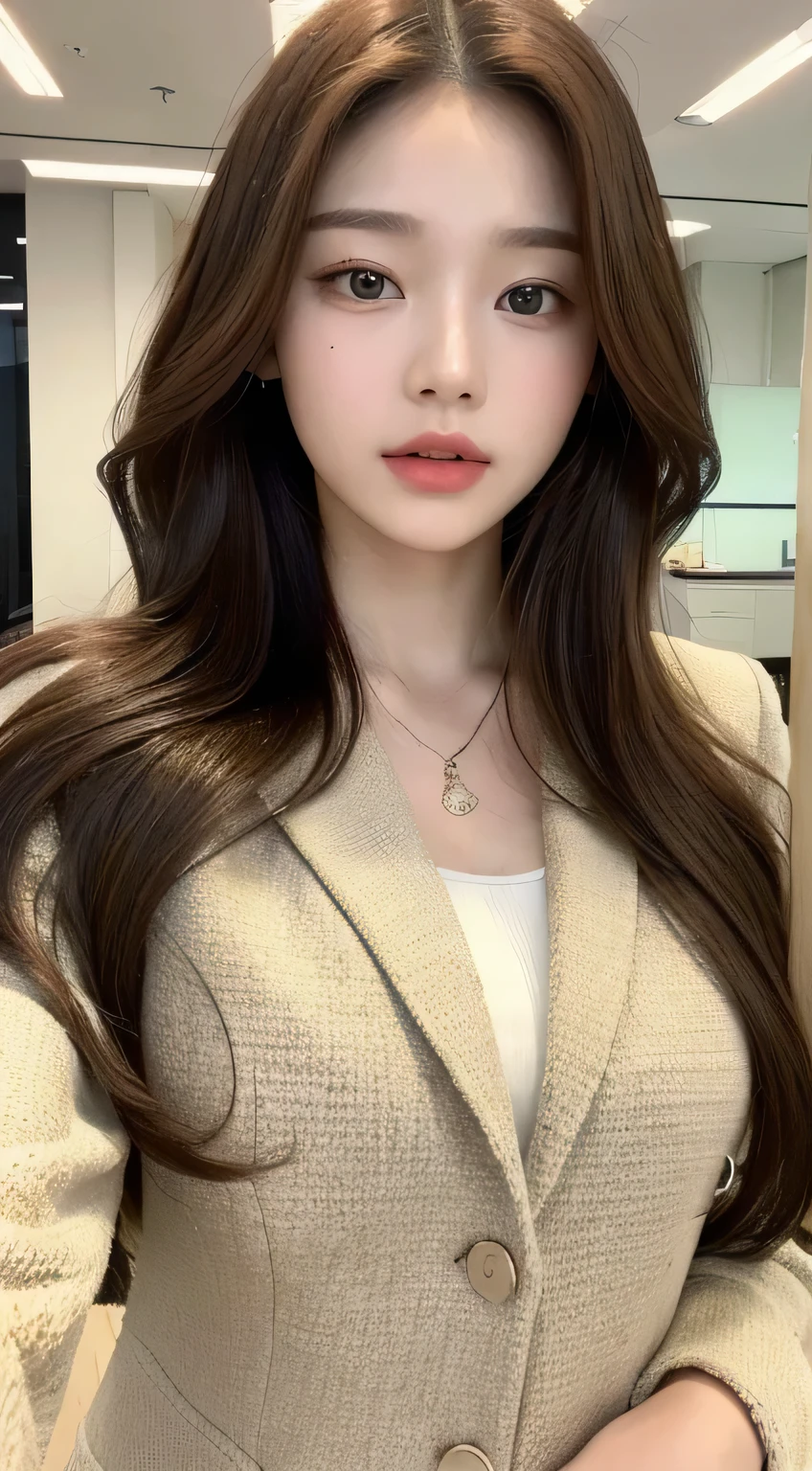 (highest quality, High resolution, masterpiece :1.3), tall and beautiful woman, thin abs,20 year old girl in Korea、Office Lady、Wonyoung、No bangs、Forehead、white skin、S-class beauty、 loose wavy dark brown hair, white tops、Beige tweed jacket,denim、Pearl necklace、 (modern architecture in the background), Precisely expresses details such as face and skin texture, fine eyes, double eyelid、