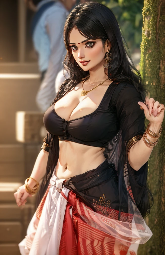 1milf, solo, long hair, huge flashy breasts, looking at viewer, saree, brown hair, black hair, open buttons dress, navel, exposing cleavage, visible , poking nipples, juicy wet body, brown eyes, jewelry, sitting on a tree branch, earrings, anklet, nose pin, parted lips, midriff, necklace, tree, red saree, leaf, long underskirt, bindi, realistic,Real,Mallu ,wearing a k0715ar33