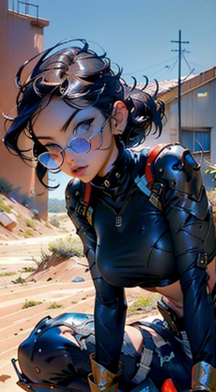 Linda mulher morena, corpo suado, cabelo curto com touca, Cueca curta, roupas militares sexy, corpo de coxas grossas juntos, angle from bottom to top, 8k, ultra realistic, em uma estrada ensolarada no deserto, with planes and buildings destroyed, apocalyptic landscape