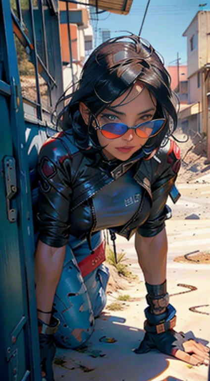 Linda mulher morena, corpo suado, cabelo curto com touca, Cueca curta, roupas militares sexy, corpo de coxas grossas juntos, angle from bottom to top, 8k, ultra realistic, em uma estrada ensolarada no deserto, with planes and buildings destroyed, apocalyptic landscape
