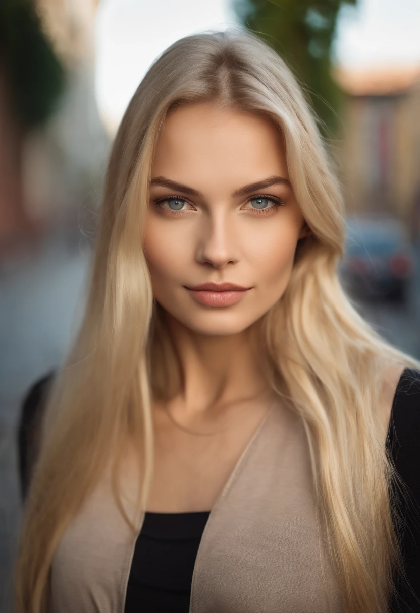 A close up of a woman with long blonde hair wearing a tank top, beautiful blonde girl, Beautiful model girl, Anna Nikolanova aka Newmilky, Beautiful young model, cute young girl, Beautiful girl model, beautiful young girl, attractive girl, 2 24 -year-old female model, Very beautiful young woman, BLONDE girl, A beautiful blonde, Instagram model, Perfect face) on the street