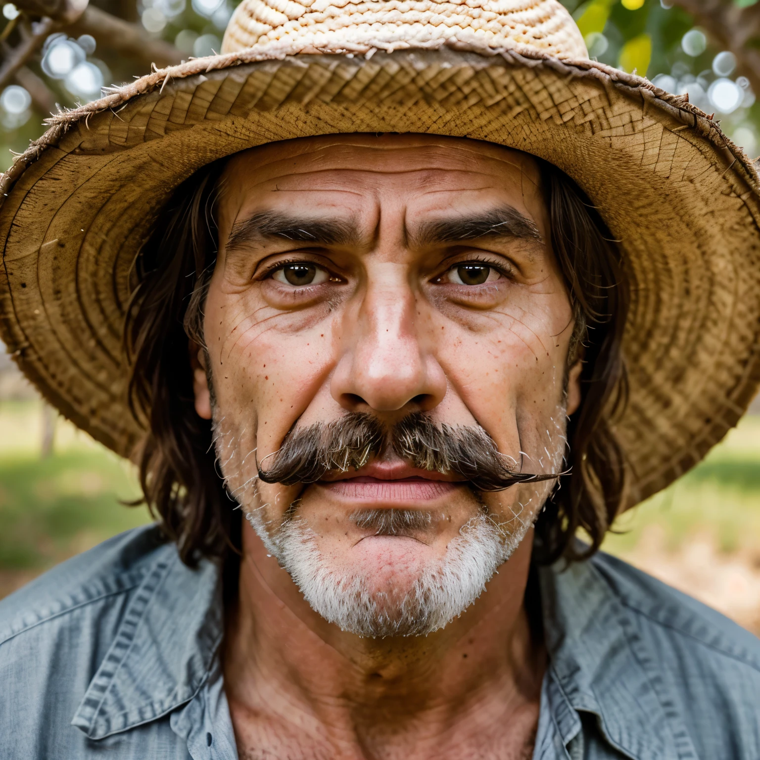 Donning a camping hat and a bushy mustache, this man exudes a rustic charm. (Highly Detailed, Realistic, Photorealism, 4k, Photography, 8k UHD)
The old man, with his sun-kissed weathered face, sits under the shade of a large sombrero. (Masterpiece, Best quality, Intricate details, Detailed skin, Natural textures, Sharp focus, Real life, Ultra realistic)
His mustache, thick and luscious, frames his weathered features, giving him an air of wisdom and experience. (High resolution, Professional, Crystal clear, Film grain, Primitive