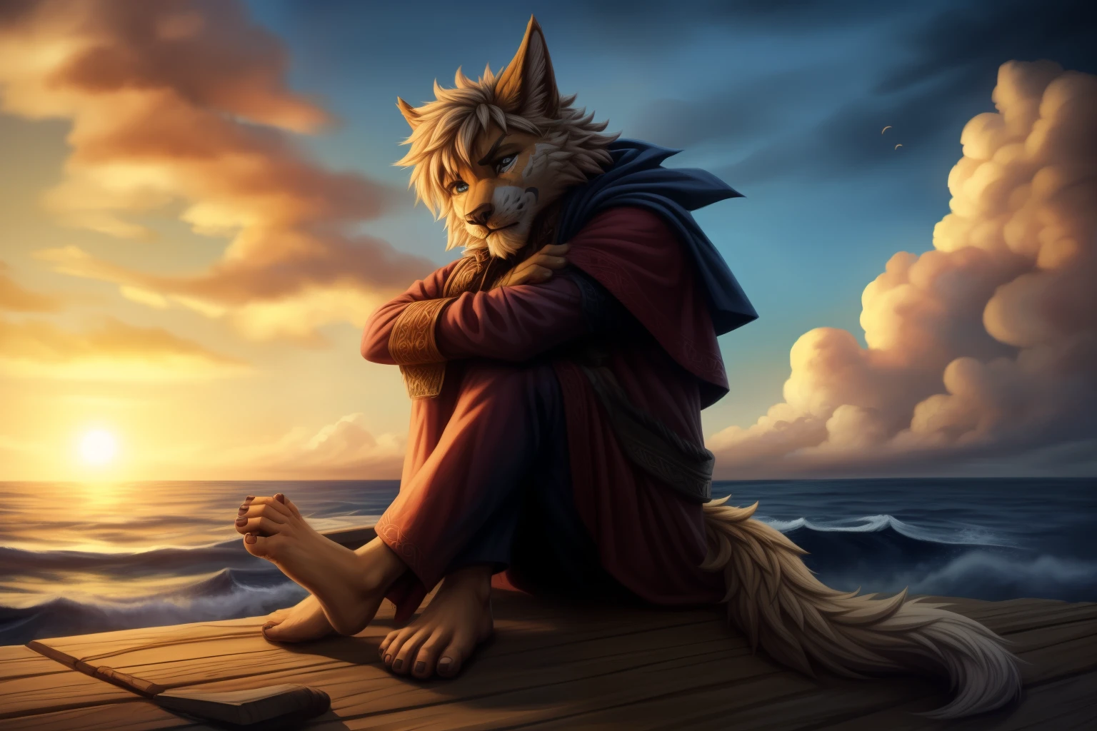 (((Barefoot furry character, full body, cinematic setting, male)))
Masquerading as a man with a reason.
My charade is the event of the season
and if I claim to be a wise man, well
it surely means that I don't know.
On a stormy sea of moving emotion
tossed about I'm like a ship on the ocean.
I set a course for winds of fortune,
but I hear the voices say:
(Carry on my wayward son.)
(There'll be peace when you are done.)
(Lay your weary head to rest.)
(Don't you cry no more.)
BREAK, detailed background, 8K, (masterpiece:1.5), intricate details, highly detailed, extreme detail, octane render, fine art, best quality, highres, (detailed face:1.5), ((full_body)), UHD, (((perfect hands)))