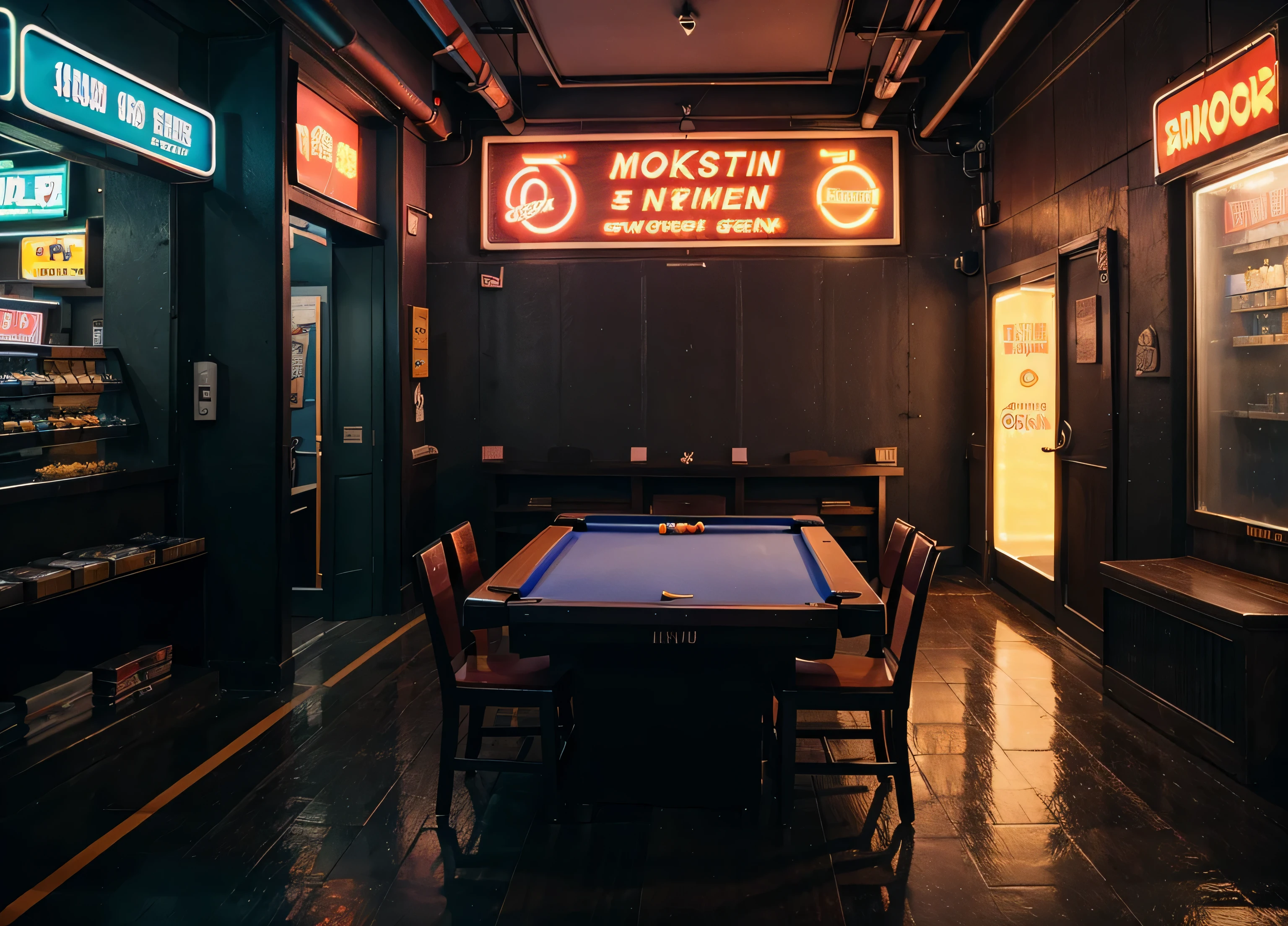 Streets with bright neon lights, Vietnamese shops with colorful neon signs, shimmering lights, billiard shops, internet shops, street-style basketball courts, collectible games, karaoke room, no one appeared, Surrealism, Color Field painting, high detail, interior architecture, cinematic lighting, jpeg artifacts, multiple monochrome, 4K, best quality, highres, high details, super detail, masterpiece, ccurate