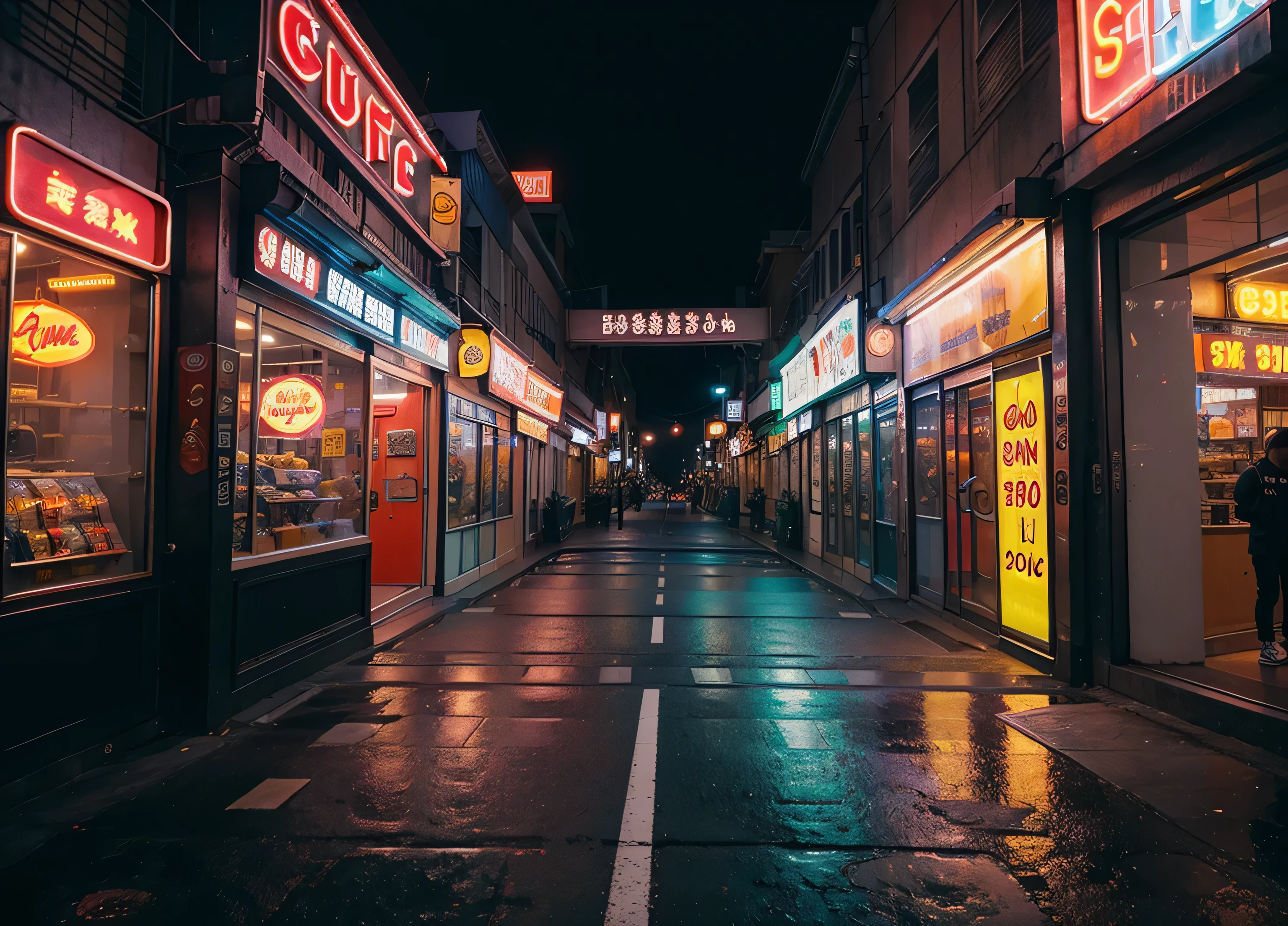 Streets with bright neon lights, Vietnamese shops with colorful neon signs, shimmering lights, billiard shops, internet shops, street-style basketball courts, collectible games, karaoke room, no one appeared, Surrealism, Color Field painting, high detail, interior architecture, cinematic lighting, jpeg artifacts, multiple monochrome, 4K, best quality, highres, high details, super detail, masterpiece, ccurate