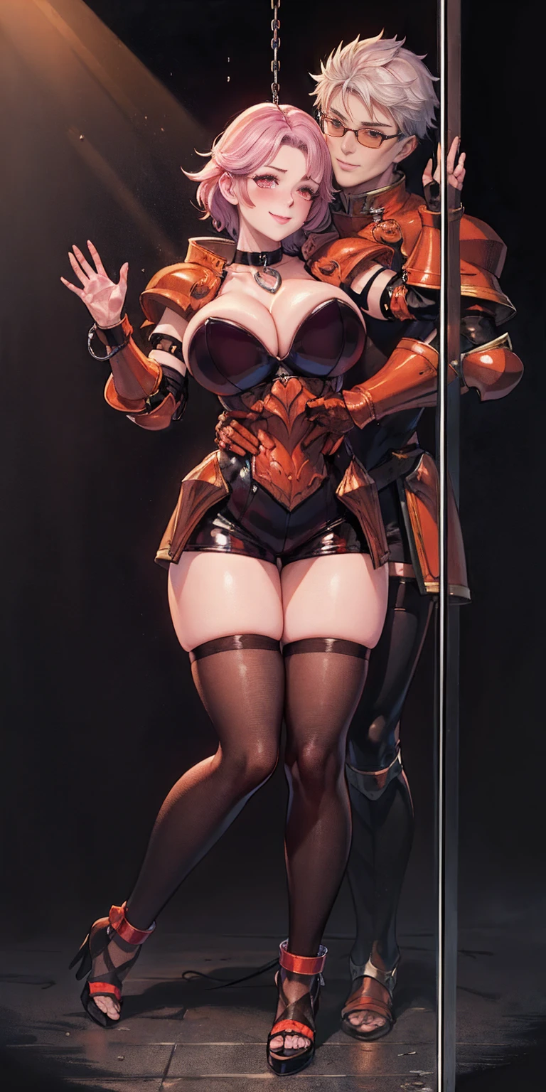 dark fantasy anime illustration of a (mature MILF BIMBO albino skin and short white hair), (FULL BODY) perfect face, wearing tight leather stealth armor, stalking, BIG KNOCKERS CLEAVAGE, lustful smirking smile red blush red cheeks, chain leash, kneeling, shackles, leather black collar slave, ((BLACK background)) hands on glass WITH KNOCKERS on glass, glass window fog water drop, 5 fingers each hand, metal handcuffs, black choker collar, thigh highs, long legs, metal ankle, metal sandals, metal shoulders, standing straight symmetrical against glass
