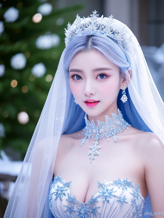 best quality，masterpiece，High resolution，a beauty，Exquisite face shape，ice princess，Ice magic，full-body shot，Ice and snow deep V high slit dress，Big ，white hair，snowflake decoration，full-body shot，Deep V dress，big breasts，Palace