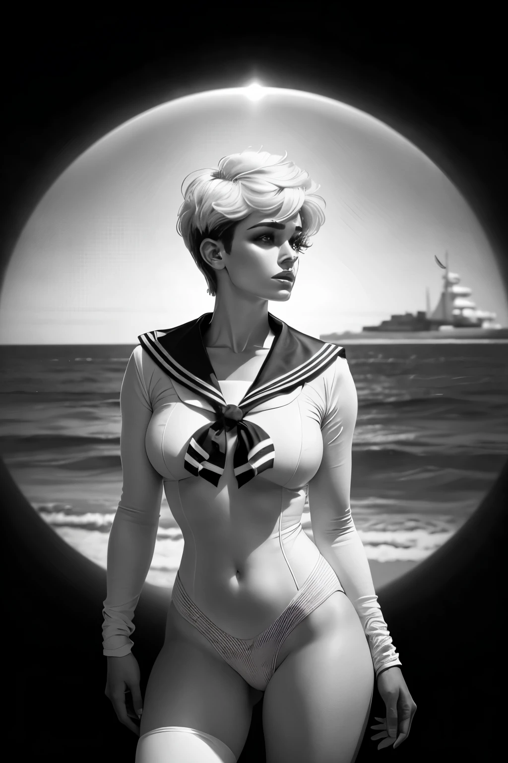 A realistic black and white comic book rendering of a thoughtful sailor named Uranus, with short pixie-like hair. This sailor is not to be confused with Sailor Moon, but rather an original character. The image is of high quality, boasting a resolution of S2 and Niji 6, capturing every intricate detail in the sailor's features and uniform. The mood exudes an understated sense of seriousness and contemplation. The image is super detailed, hiper realista, with bright highlights and bold contrasts that truly bring Uranus to life in this comic book style.