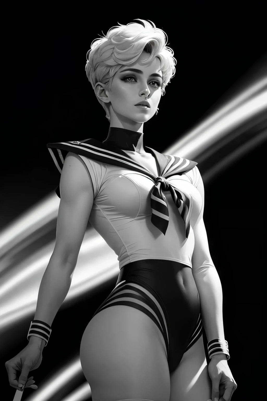 A realistic black and white comic book rendering of a thoughtful sailor named Uranus, with short pixie-like hair. This sailor is not to be confused with Sailor Moon, but rather an original character. The image is of high quality, boasting a resolution of S2 and Niji 6, capturing every intricate detail in the sailor's features and uniform. The mood exudes an understated sense of seriousness and contemplation. The image is super detailed, hiper realista, with bright highlights and bold contrasts that truly bring Uranus to life in this comic book style.