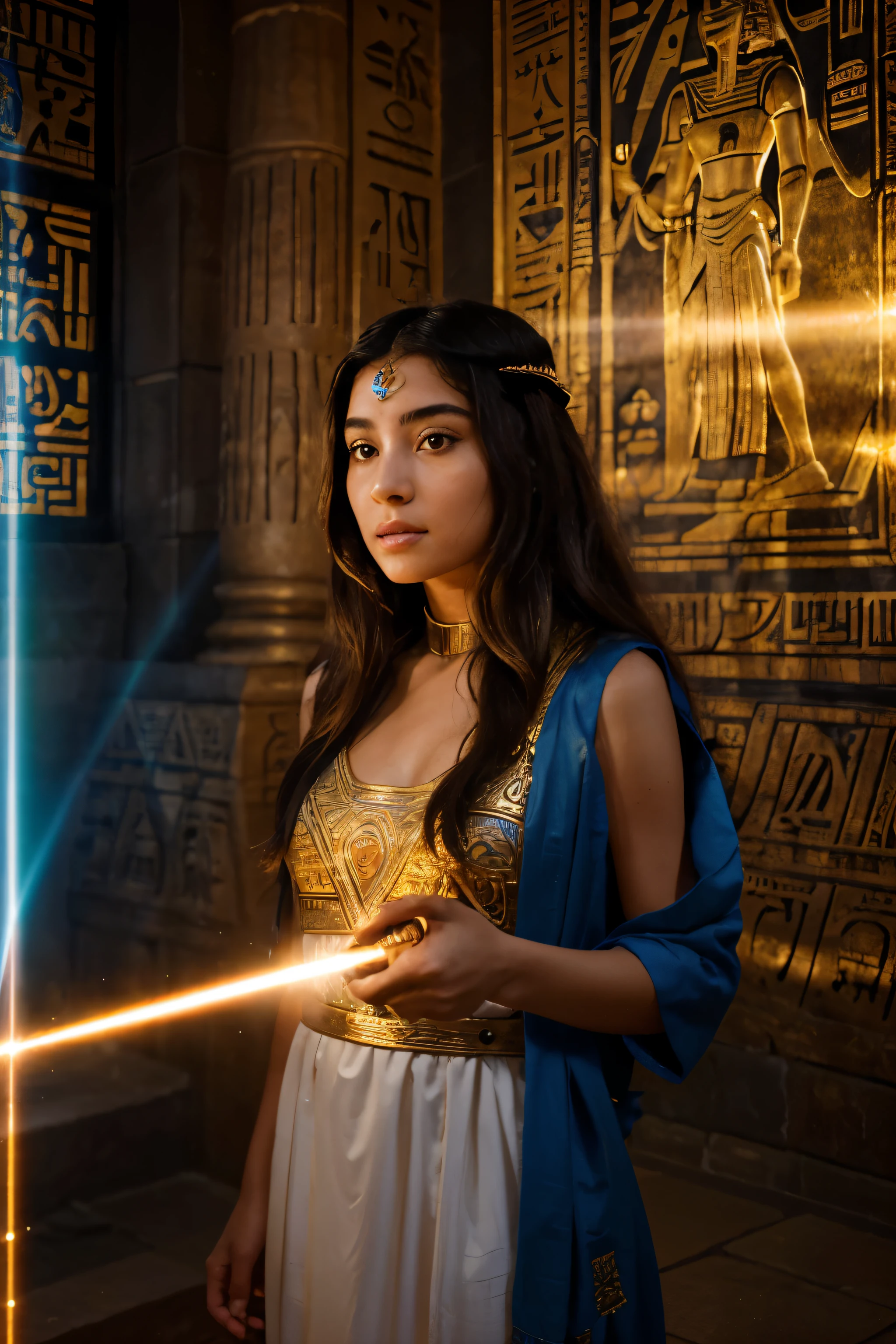 A egyptian Priestess with long, flowing hair wearing a white dress, standing in a vibrant temple surrounded ritualistical stuffs. Her beautiful detailed eyes observe a the majestic laser beam shooting out from a tube in her hands. The laser beam write Hieroglyphs on the wall,  illuminates the temple with a vivid blue light, creating a mesmerizing spectacle. The girl's face reflects astonishment and wonder as she witnesses this extraordinary fusion of ancient and futuristic technology. The laser beam projects intricate hieroglyphics and symbols, revealing the secrets of the ancient civilization. The pyramid itself is adorned with intricate carvings and glows with a golden hue, emphasizing its historical significance. The scene is captured in high resolution, showcasing every ultra-detailed element with sharp focus and realistic rendering. The vibrant colors of the flowers and foliage pop against the backdrop of the starry night sky, creating a visually stunning contrast. The atmosphere is filled with mystery and awe, as the ancient Egyptian laser beam technology transports us to a world where tradition meets innovation.