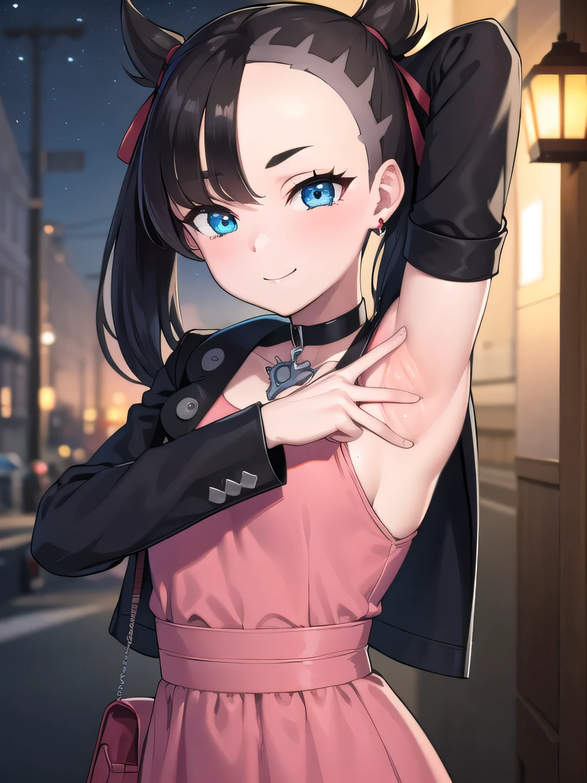 pokemonmarnie, pokemonmarnie, aqua eyes, asymmetrical bangs, asymmetrical hair, black hair, hair ribbon, long hair, red ribbon, ribbon, twintails, (small breasts:1.2),
black choker, black jacket, choker, dress, earrings, jacket, jewelry, long sleeves, open clothes, pink bag, pink dress,
 ako suminoe, ascot, solo, upper body, night sky, forest, arms behind head, contrapposto, spread armpits, smile
BREAK (masterpiece:1.2), best quality, high resolution, unity 8k wallpaper, (illustration:0.8), (beautiful detailed eyes:1.6), extremely detailed face, perfect lighting, extremely detailed CG, (perfect hands, perfect anatomy),