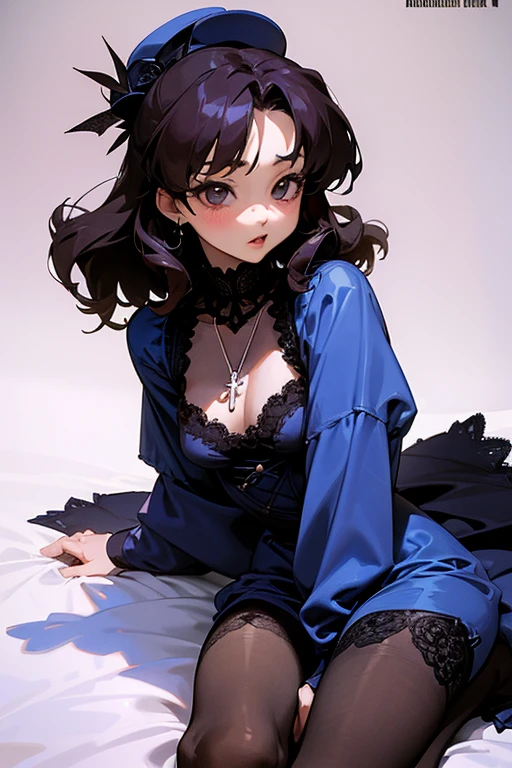 Akina Nakamori、Blue lace dress、25 years old、Beautiful woman、sexy、White cross necklace on chest、gothic style、miniature small hat、Sharp and cute、Beautiful woman、Upper grade、lace stockings、sexyポーズ、