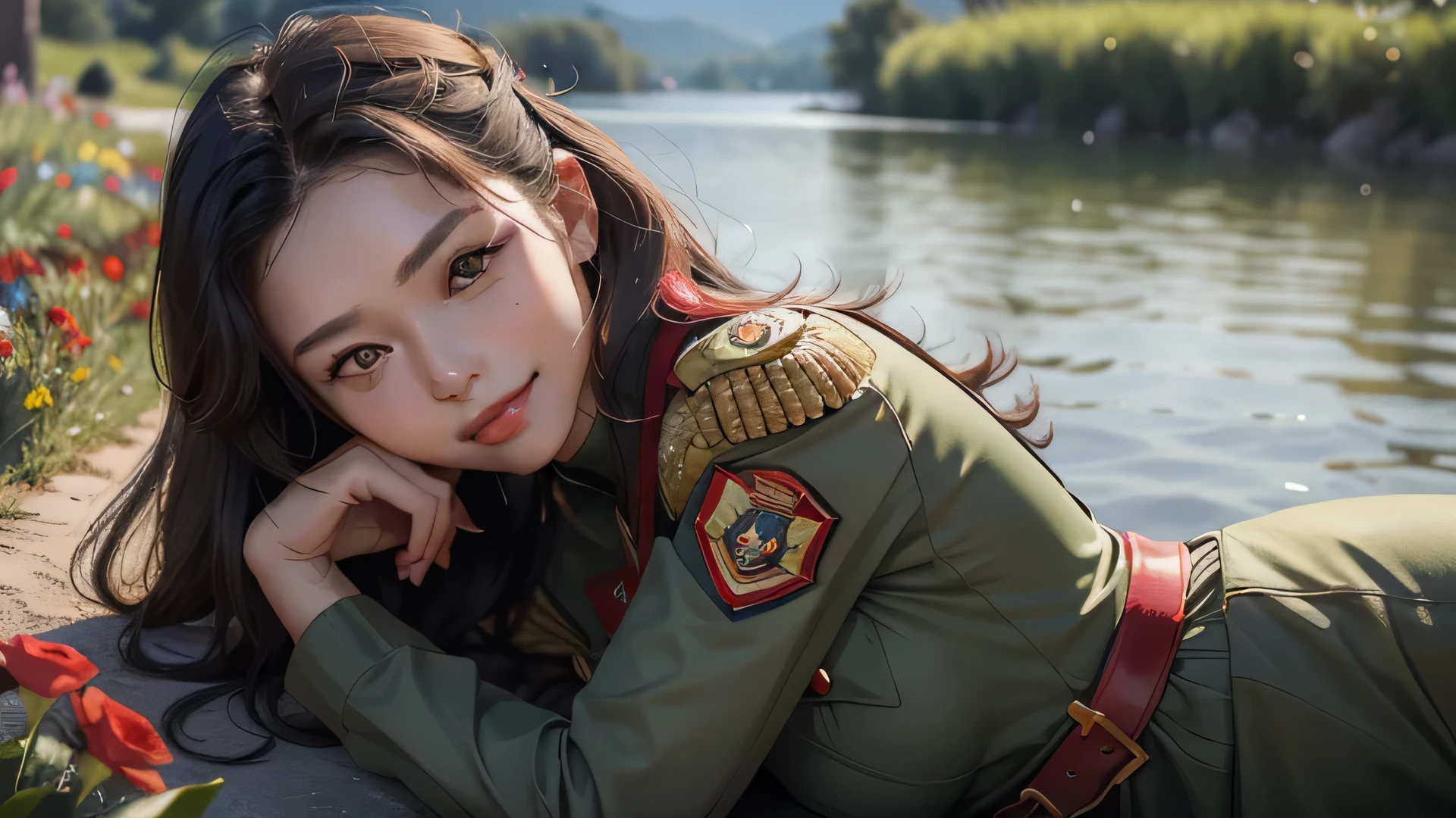 beautiful girl，gentle smile，（facial details:1.6），（Red epaulettes:1.6），（fighting stance:1.3），Wearing a green military uniform，fresh flowers，lake，garden,perfect body,(Lie:1.3)