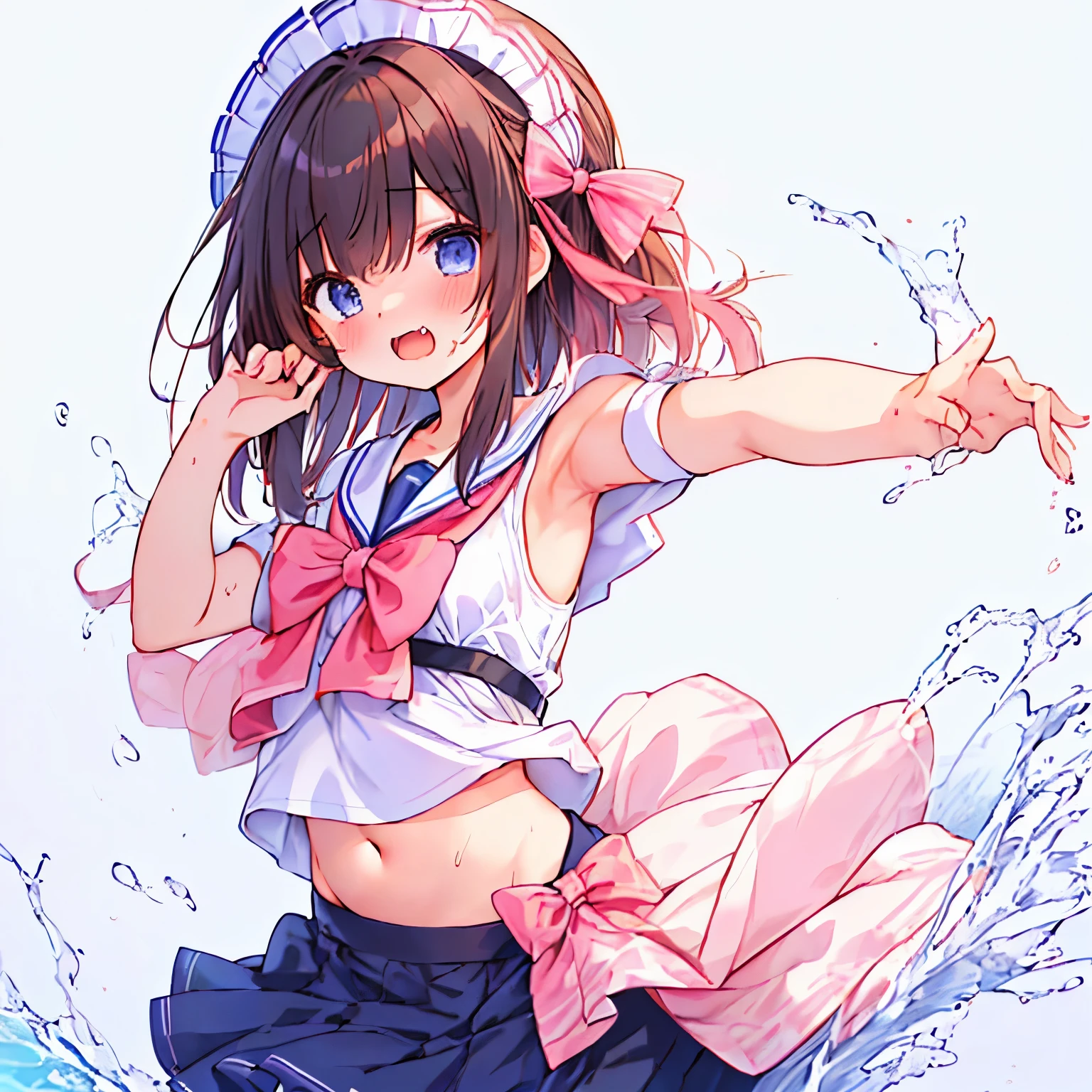 ((日本人のgirl1人、aldult)), ( petite)), black hair、brown hair、masterpiece, 最high quality, high quality, Highly detailed 8K wallpaper,beach、Sunscreen lotion、Pink hair、Tropics、intense heat、heavy breathing、Breathing、Sweat、headdress、cute girls、Cute Maid、dynamic pose、Pick up the skirt、(open your mouth、Small fangs)、small breasts、Waiting for orders、No correction、Wave、(girl、Classmate、squid belly、pink wearing)、（No underwear）、beautiful flat chest、（激しいSweat）、(Saliva volume:1.4）、(female 、Cute belly、Before menarche、Swelling belly、cute pants）、（Stroking the stomach:2）、(A face that looks comfortable、beautiful face）、（Serving）、（Trembling in the lower back:2）、Life-size、in front of the camera、Walking with your legs together、skip