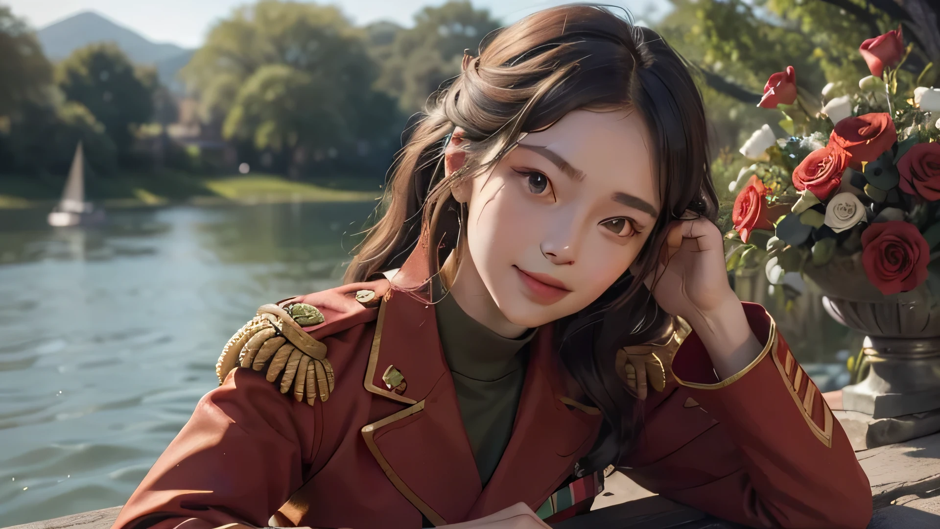beautiful girl，gentle smile，（facial details:1.6），（Red epaulettes:1.6），（fighting stance:1.3），Wearing a green military uniform，fresh flowers，lake，garden,perfect body,(Lie:1.3)