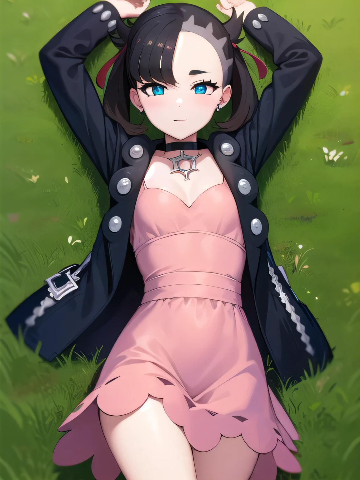 pokemonmarnie, pokemonmarnie, aqua eyes, asymmetrical bangs, asymmetrical hair, black hair, hair ribbon, long hair, red ribbon, ribbon, twintails, (small breasts:1.2),
BREAK backpack, bag, black choker, black jacket, choker, dress, earrings, jacket, jewelry, long sleeves, open clothes, pink bag, pink dress,
solo, spread arms, lying, on back, on grass, arms up, looking at viewer, solo, in the center, cowboy shot, high quality, smile, closed mouth,
BREAK (masterpiece:1.2), best quality, high resolution, unity 8k wallpaper, (illustration:0.8), (beautiful detailed eyes:1.6), extremely detailed face, perfect lighting, extremely detailed CG, (perfect hands, perfect anatomy),