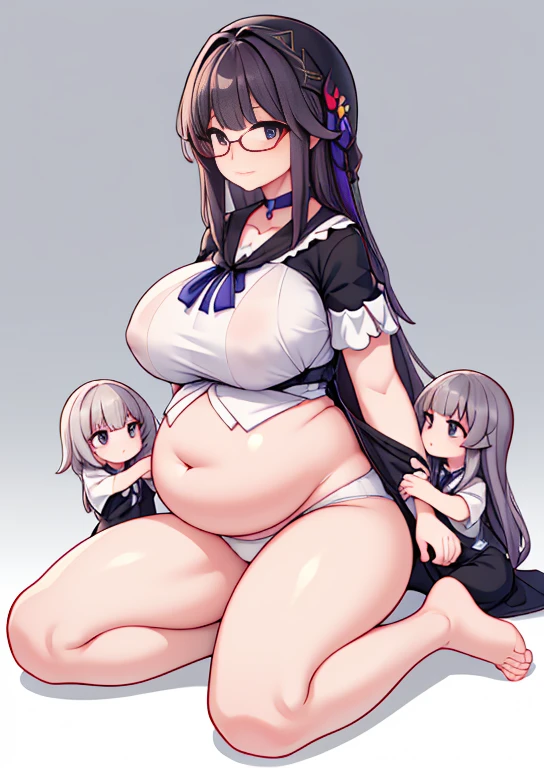 (masterpiece, best quality, highly detailed), 1girls, big belly, blurry background, huge belly, art by kipteitei, round belly, chubby, curvy, simple_background, gradient_background, belly grab, enormous belly, fat belly, thicc, bigger belly, really big belly, jiggly belly, shirt covering belly, belly cover by shirt, glasses, barefoot, (((((((mommy))))))), ((full body)), long hair