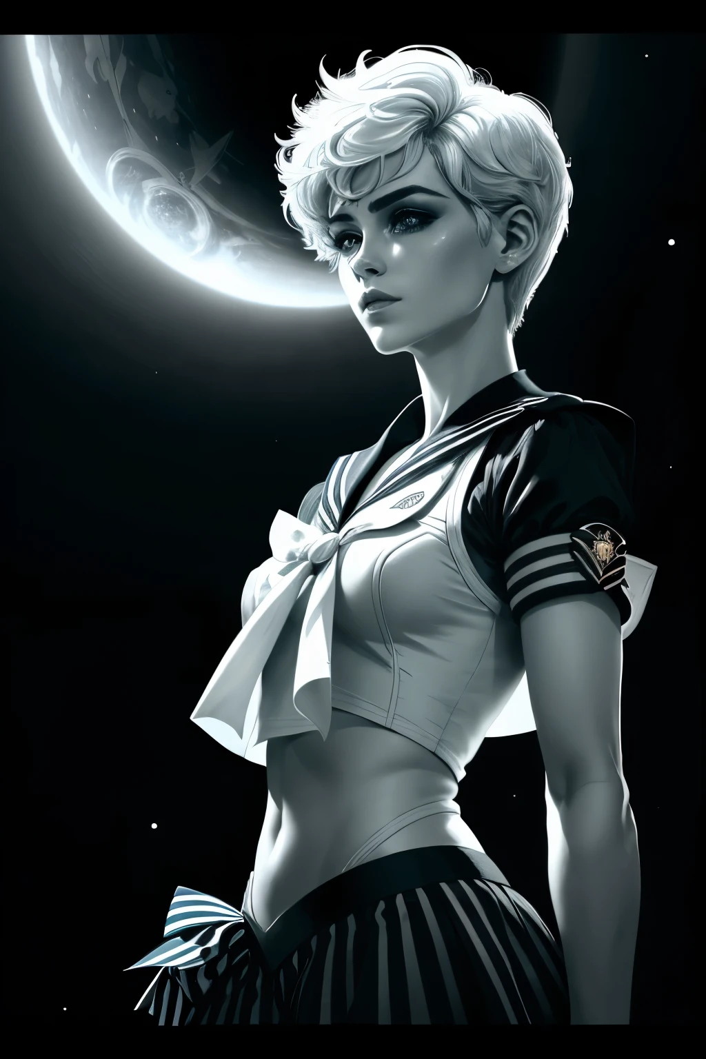 A realistic black and white comic book rendering of a thoughtful sailor named Uranus, with short pixie-like hair. This sailor is not to be confused with Sailor Moon, but rather an original character. The image is of high quality, boasting a resolution of S2 and Niji 6, capturing every intricate detail in the sailor's features and uniform. The mood exudes an understated sense of seriousness and contemplation. The image is super detailed, hiper realista, with bright highlights and bold contrasts that truly bring Uranus to life in this comic book style.