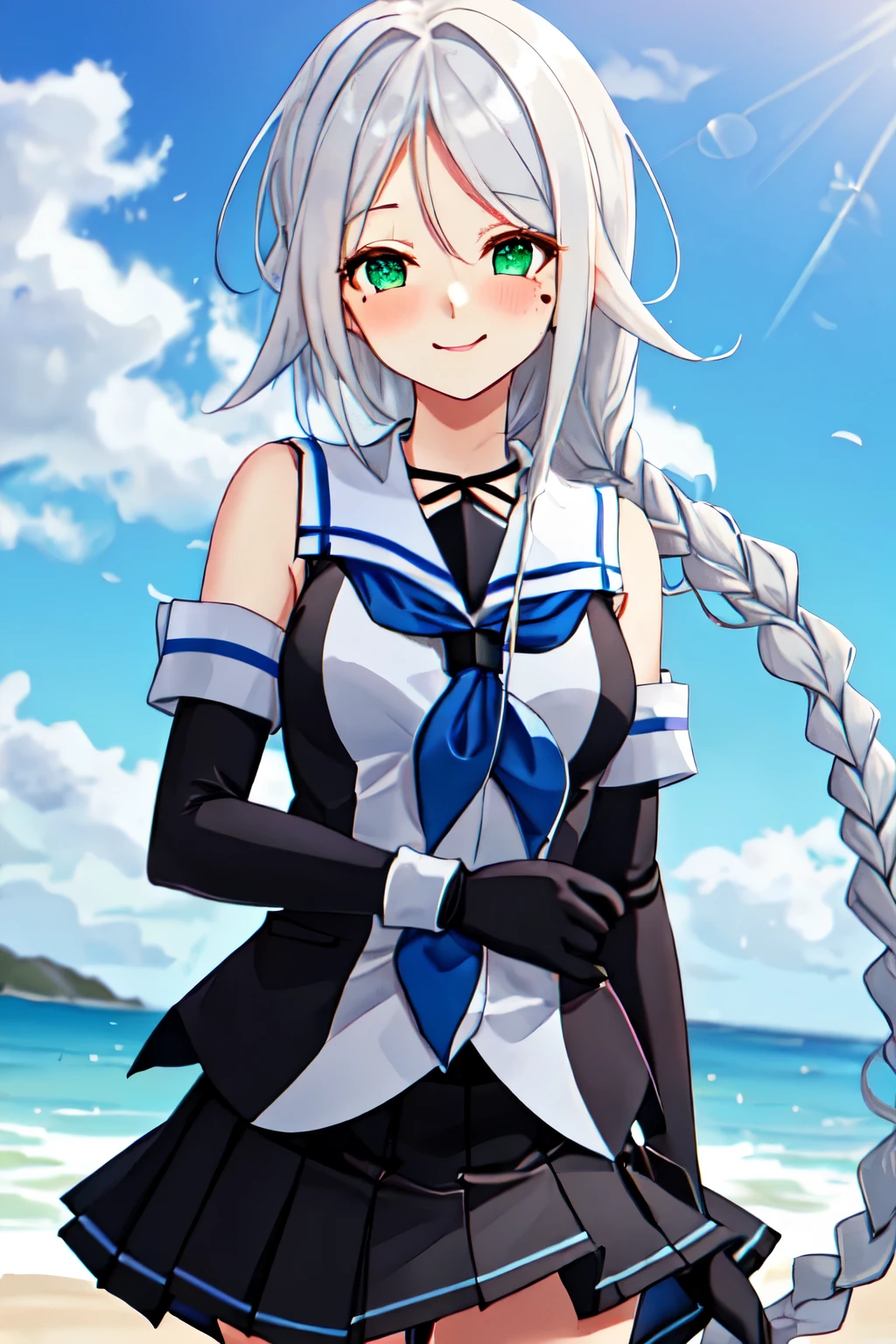 best quality, masterpiece, highres, solo, {umikaze_kantaicollection:1.15}, long_hair, blue_eyes, braid, single_braid, grey_hair, bangs, mole, mole_under_eye, very_long_hair, parted_bangs, breasts, blush, serafuku, sleeveless, smile, white_hair, hair_tie, hair_flaps, 1girl, black_gloves, blue_neckerchief, collared_shirt, elbow_gloves, gloves, neckerchief, school_uniform, shirt, sleeveless_shirt, looking_at_viewer, black_skirt, skirt, pleated_skirt, bare_shoulders
