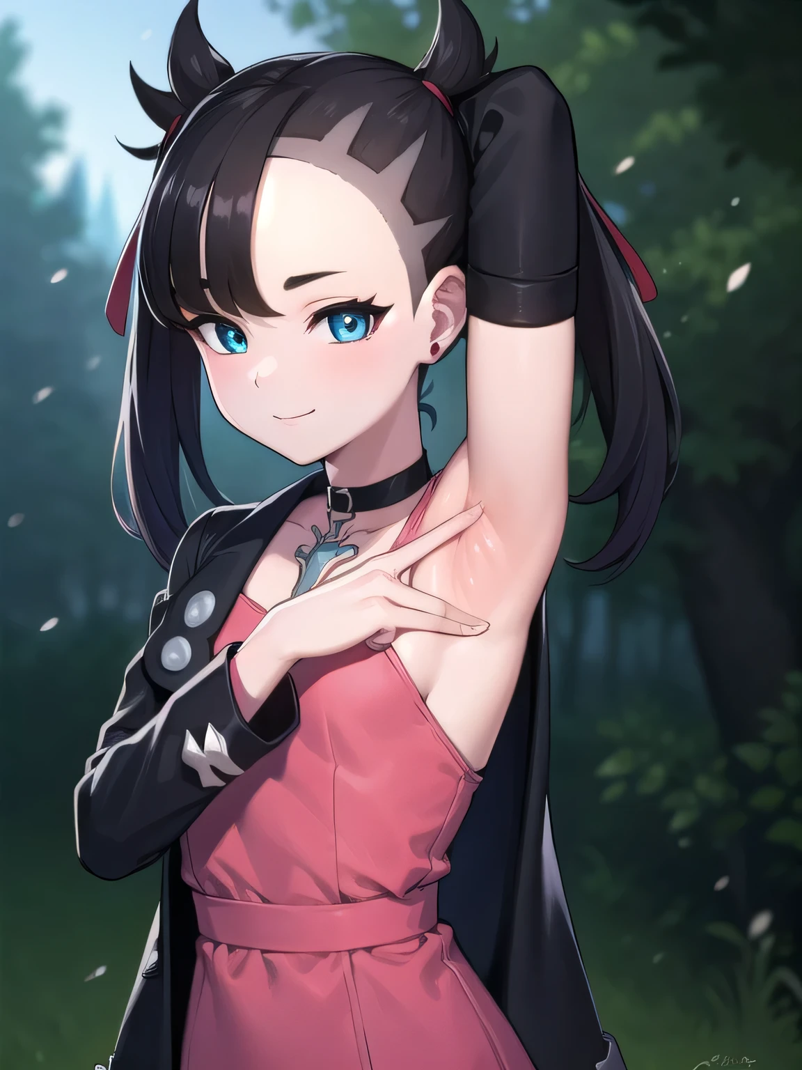 pokemonmarnie, pokemonmarnie, aqua eyes, asymmetrical bangs, asymmetrical hair, black hair, hair ribbon, long hair, red ribbon, ribbon, twintails, (small breasts:1.2),
black choker, black jacket, choker, dress, earrings, jacket, jewelry, long sleeves, open clothes, pink bag, pink dress,
 ako suminoe, ascot, solo, upper body, night sky, forest, arms behind head, contrapposto, spread armpits, smile
BREAK (masterpiece:1.2), best quality, high resolution, unity 8k wallpaper, (illustration:0.8), (beautiful detailed eyes:1.6), extremely detailed face, perfect lighting, extremely detailed CG, (perfect hands, perfect anatomy),