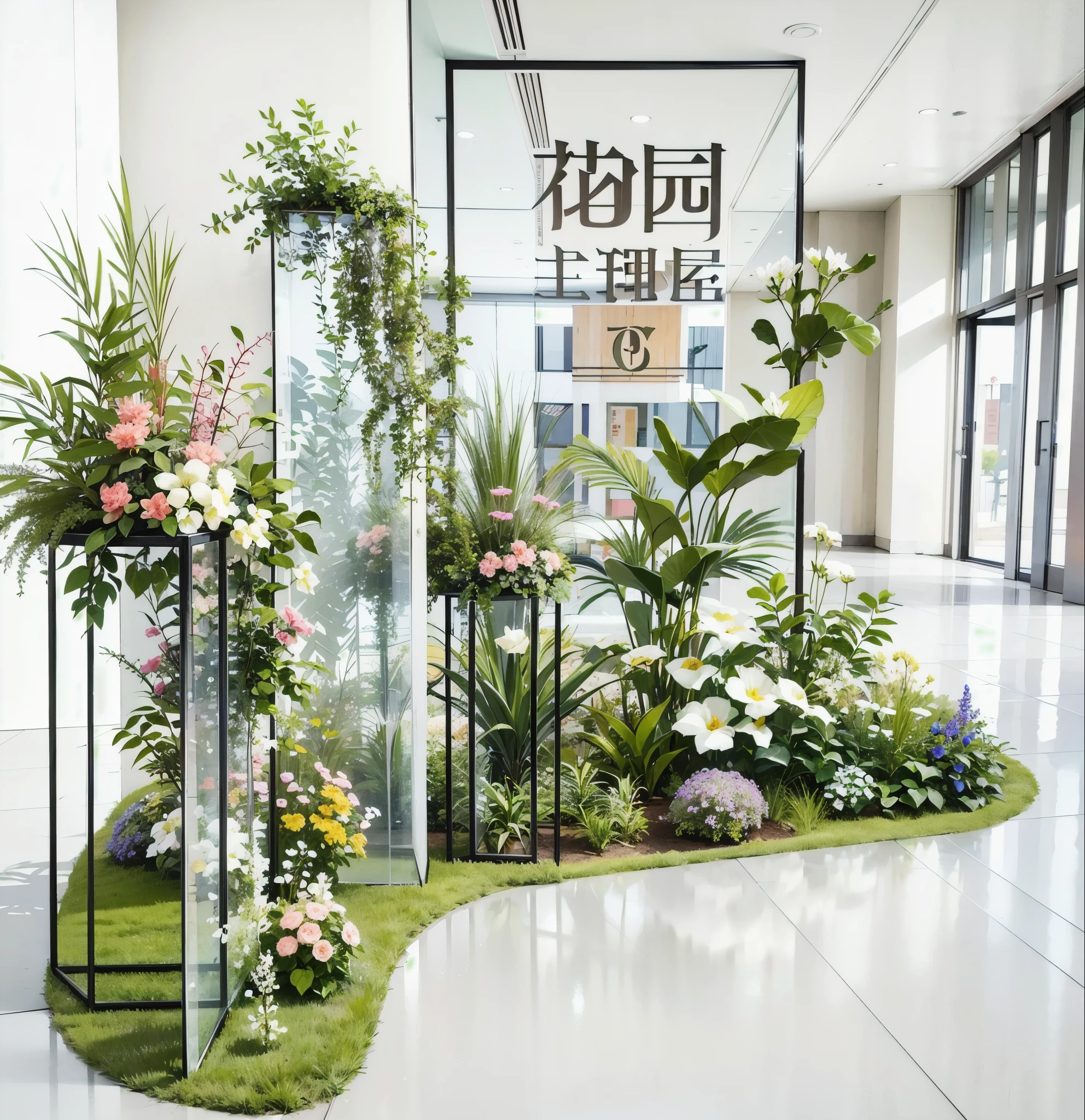 The design of the entrance decorative device is composed of green plants, flowers and grasses, in the middle of which small black iron frames are inserted to decorate this floral, modern style scenes and texts". White and black letters printed on glass walls, HD quality, high detail, very detailed, fine, architectural shots, surrealism, Unreal Engine 5