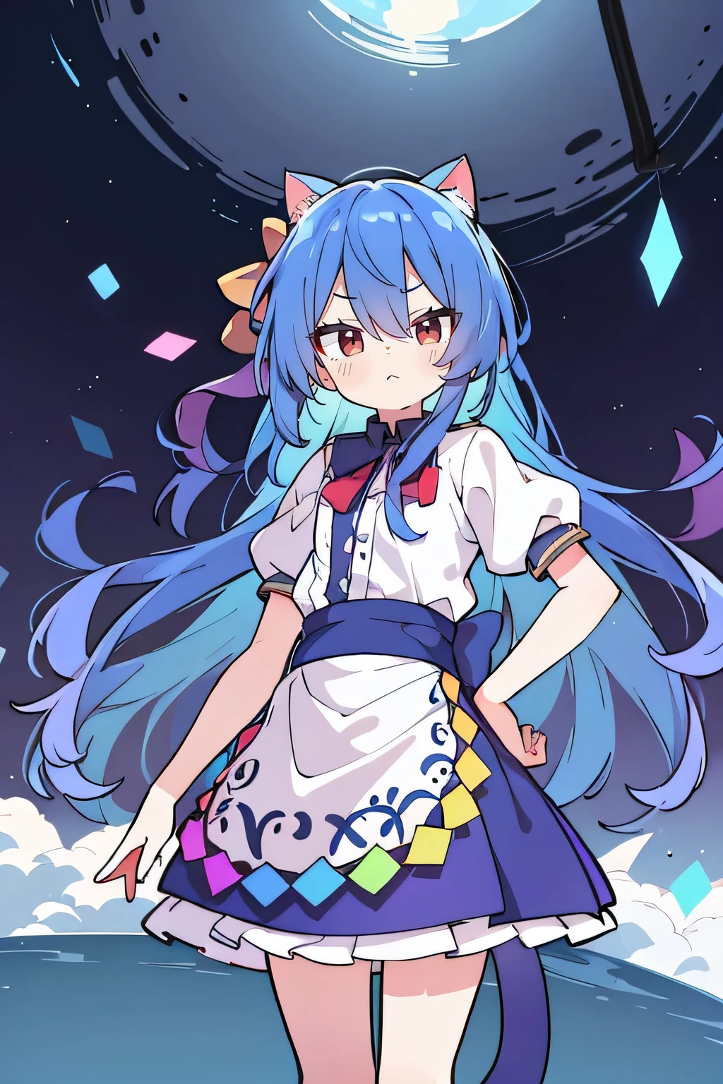 (masterpiece),best quality, expressive eyes, perfect face, 1girl,
Put your hands on your waist,fair, Gorgeous,Japanese cartoons,girl,lola,Hina Angel, blue hair, blue haired, floating clothes,Grab your waist, Grab your waist, hands on hips , hands on hips,sit, sit on ground, Legs on the ground, flat chest,cat ear,