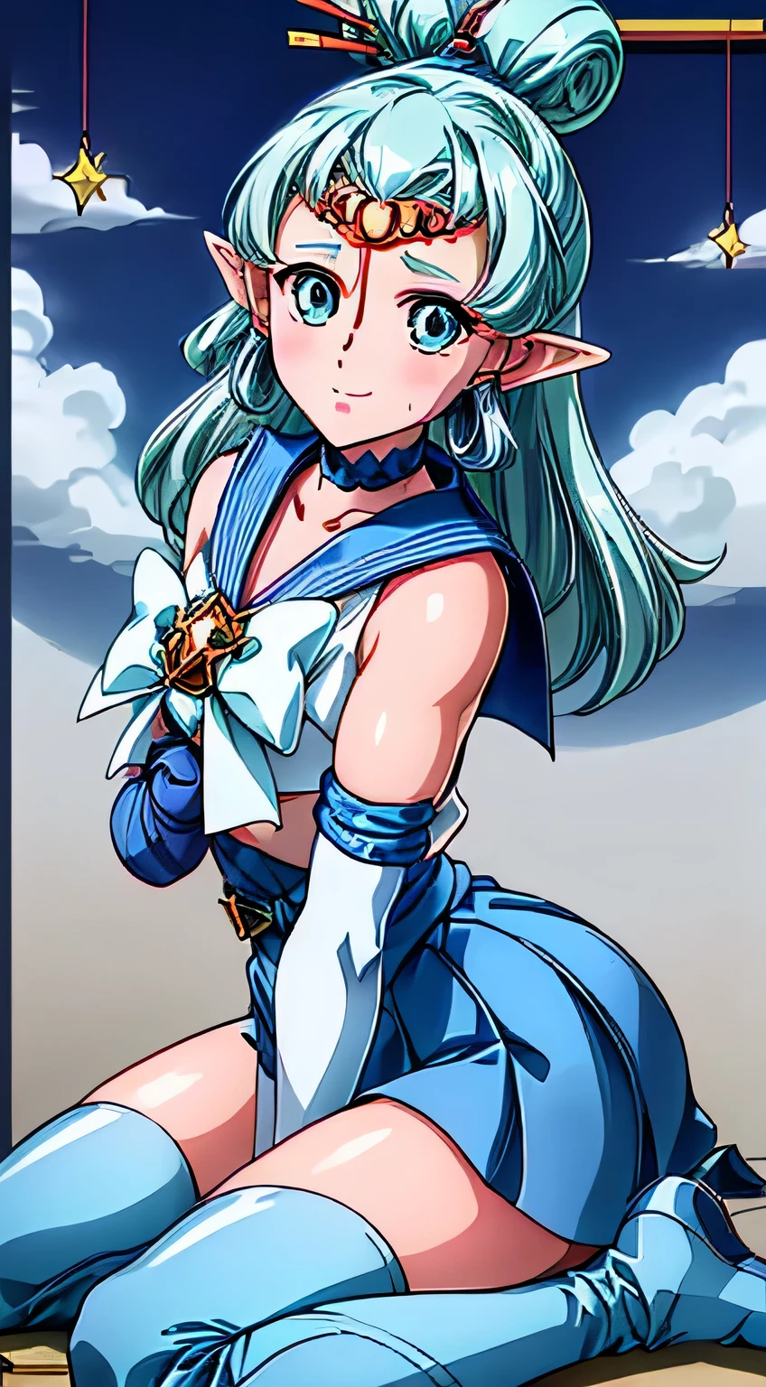 paya, cute elf, wariza,grass,sky,smile, intricate eyes,beautiful detailed eyes,symmetrical eyes,big eyes:1.5, (ultra detailed,extremely detailed), , tiara, sailor senshi uniform, blue sailor collar, bow, knee boots, choker, white gloves, blue choker, elbow gloves, jewelry, earrings, blue skirt, (intricate),(masterpiece),(best quality),
