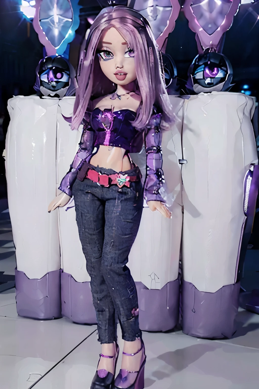 Bratz girl with detailed eyes and big lips, full body , plastic skin , doll joints, masterpiece, top quality, best quality, beautiful and aesthetic:1.2), doll, revealing clothes, big head, 1girl, solo, breasts, curvy, wide hips, narrow waist, joints, doll joints, cleavage, bursting breasts, huge breasts, lips, 1girl, midriff, full body, high heels, thighhighs, sucy manbavaran, 1girl, solo ,pale skin, grey skin, medium hair, purple hair, hair over one eye, half-closed eyes, red eyes, eyeshadow, makeup, serious, luna nova , long skirt, shirt, long sleeves, belt, robe, medium breasts, full body,