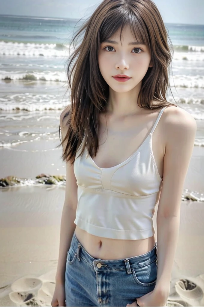 17 year old beautiful girl、Highest image quality、realistic、16K、beautiful woman、long hair、slim、With bangs、on the beach、panoramic、whole body