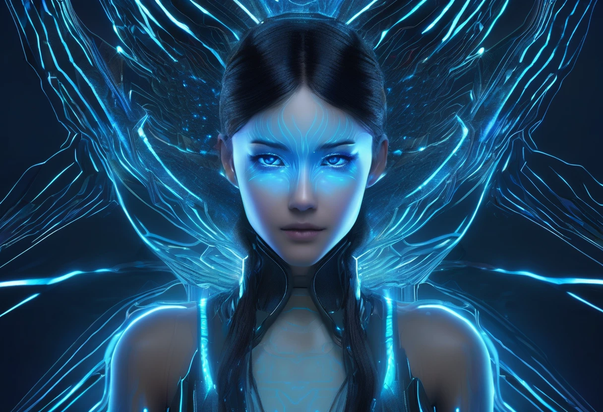 A digital portrait of a serene woman with aqua eyes, The woman has a futuristic aura with body and multiple layers of hyalinize clothing made out of glowing blue dots and connecting lines, on a smooth dark background, suggesting advanced holographic technology. --ar 3:4 --niji 6 --stylize 1000