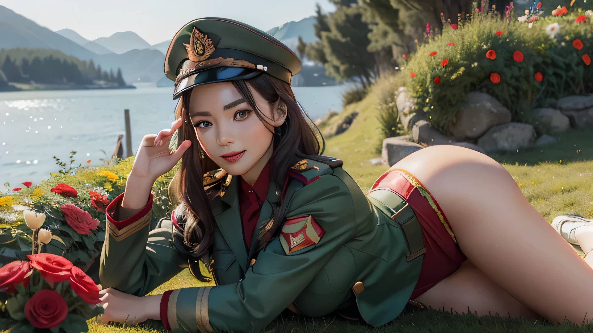 beautiful girl,gentle smile,(facial details:1.6),(Red epaulettes:1.6),(fighting stance:1.3),Wearing a green military uniform,fresh flowers,lake,garden,perfect body,(Lie:1.3)