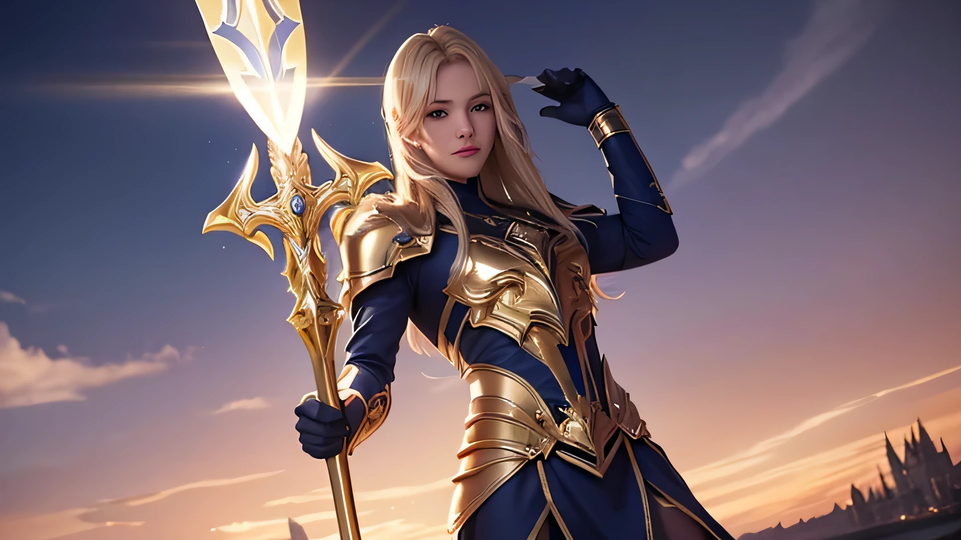 A majestic paladin in golden armor, Wield a sword imbued with a shining light, and has a huge golden shield. The paladin's blue eyes shine with determination as he moves through the dark and mysterious cityscape.。. The radiance of the Paladin's sword illuminates the surroundings., Uncover intricate details、Add a cinematic touch to your compositions. Overall aesthetic captures the beauty and depth of the scene, Reminiscent of Fujifilm photography.,perfect body,(Lie:1.3)