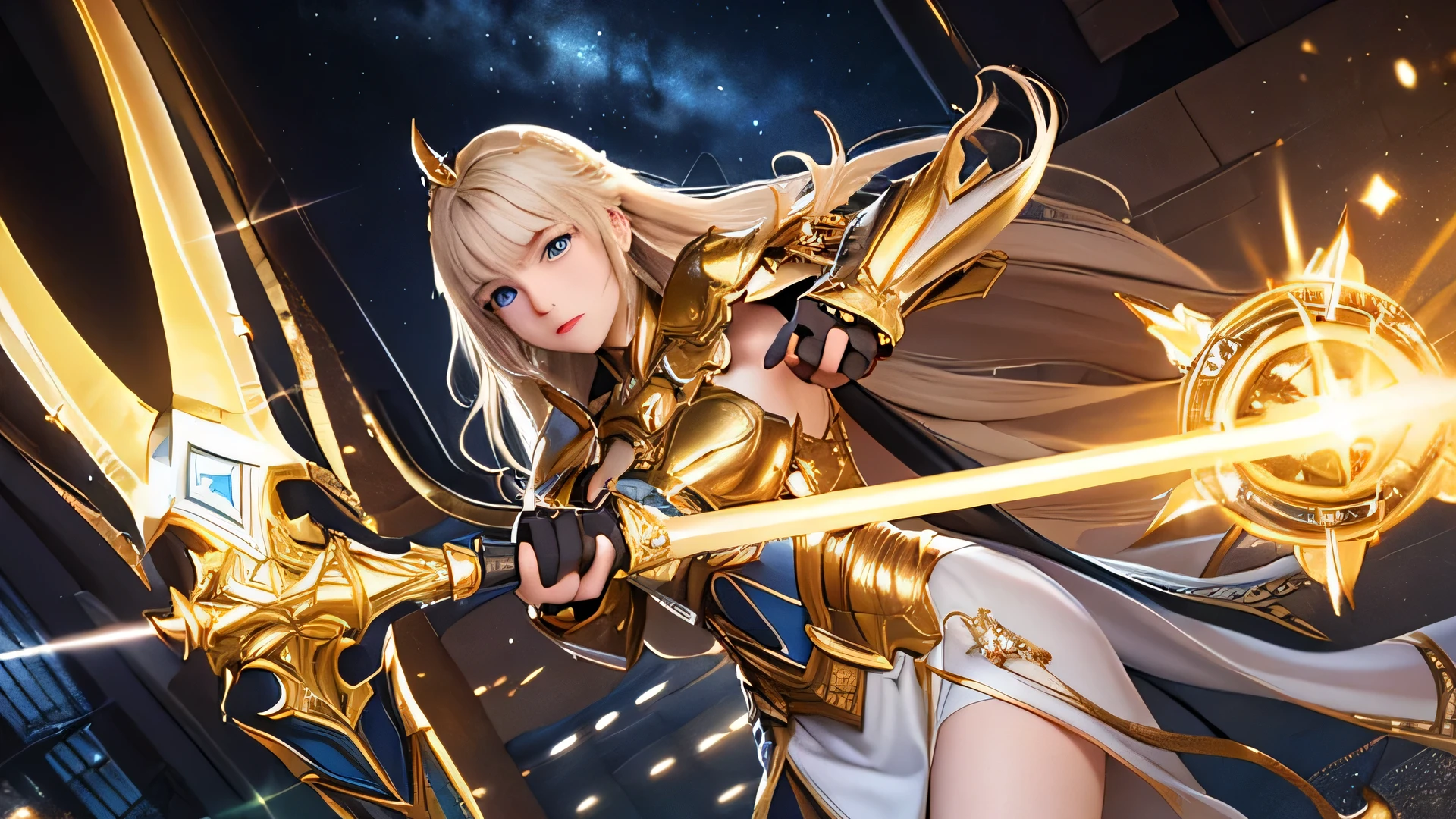 A majestic paladin in golden armor, Wield a sword imbued with a shining light, and has a huge golden shield. The paladin's blue eyes shine with determination as he moves through the dark and mysterious cityscape.。. The radiance of the Paladin's sword illuminates the surroundings., Uncover intricate details、Add a cinematic touch to your compositions. Overall aesthetic captures the beauty and depth of the scene, Reminiscent of Fujifilm photography.,perfect body,(Lie:1.3)